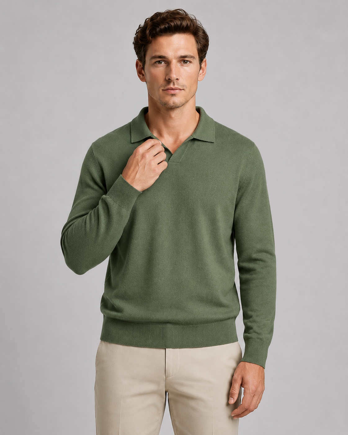 Men's Knit Polo Shirt - Open Collar Long Sleeve Sweater