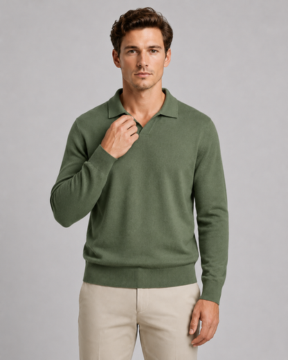 Men's Knit Polo Shirt - Open Collar Long Sleeve Sweater