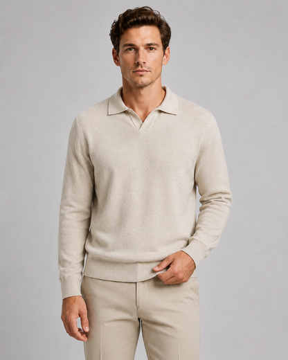 Men's Knit Polo Shirt - Open Collar Long Sleeve Sweater