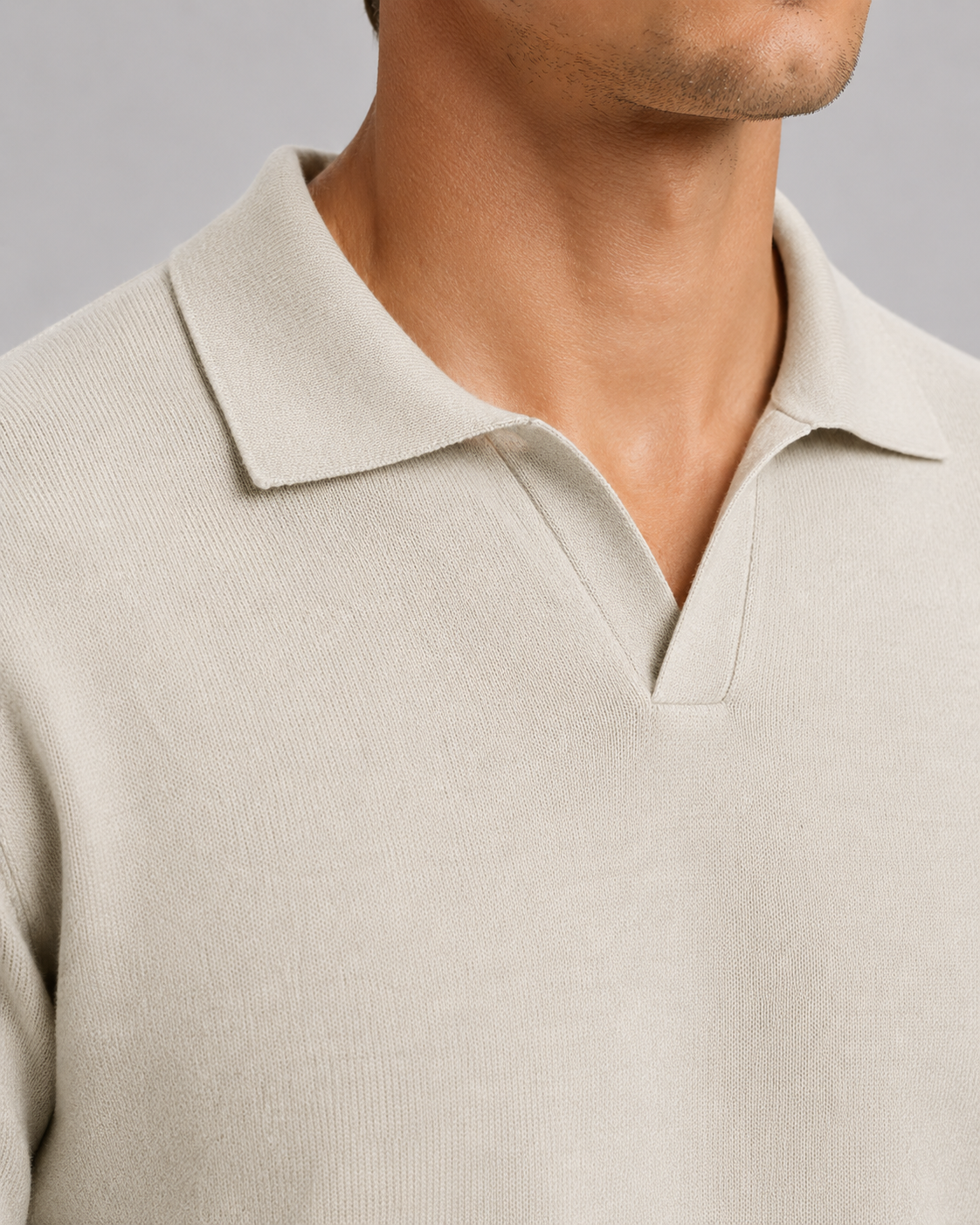 Men's Knit Polo Shirt - Open Collar Long Sleeve Sweater