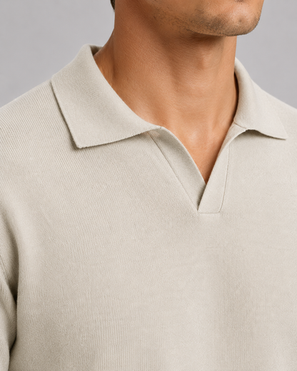 Men's Knit Polo Shirt - Open Collar Long Sleeve Sweater