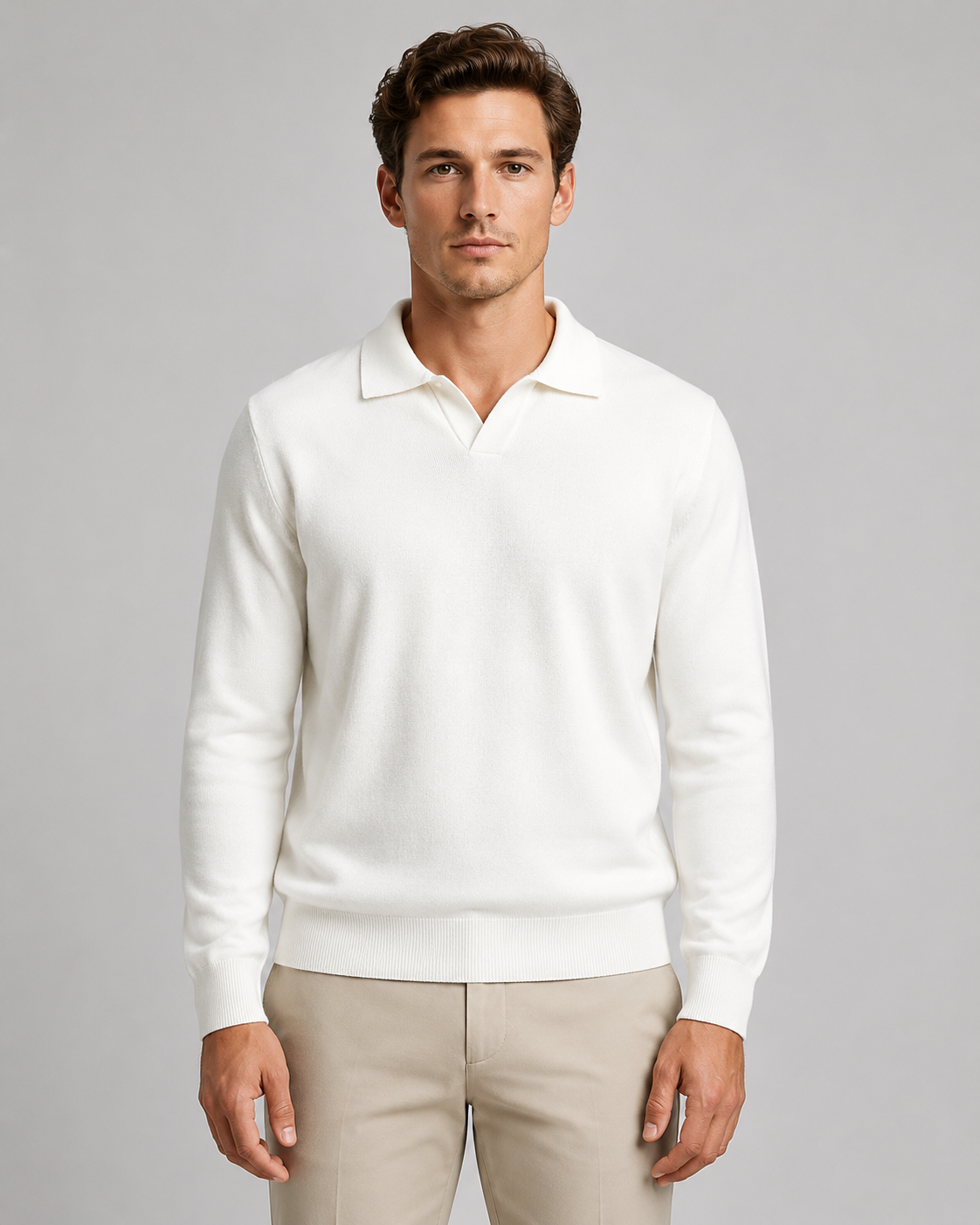 Men's Knit Polo Shirt - Open Collar Long Sleeve Sweater