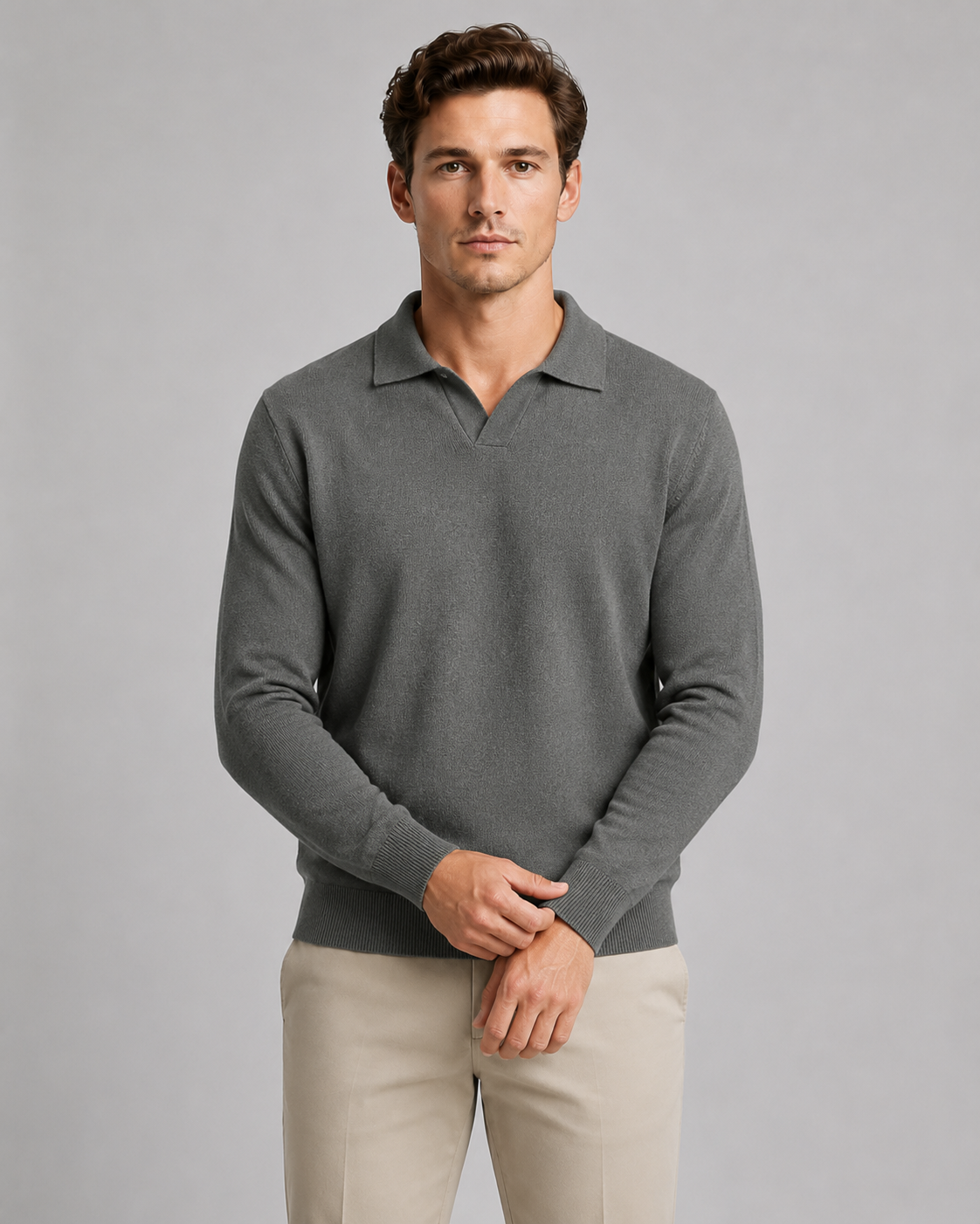 Men's Knit Polo Shirt - Open Collar Long Sleeve Sweater