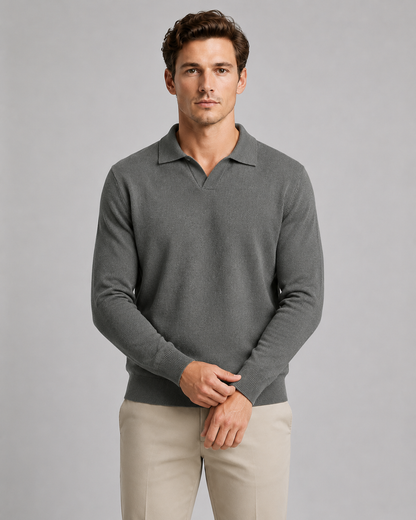 Men's Knit Polo Shirt - Open Collar Long Sleeve Sweater