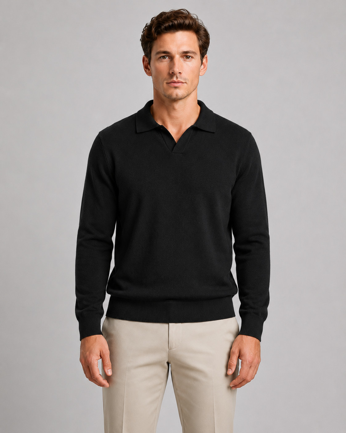 Men's Knit Polo Shirt - Open Collar Long Sleeve Sweater