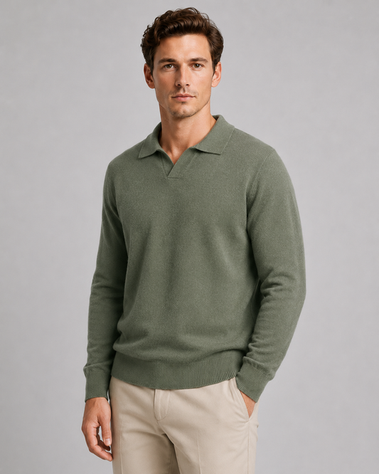 Men's Knit Polo Shirt - Open Collar Long Sleeve Sweater