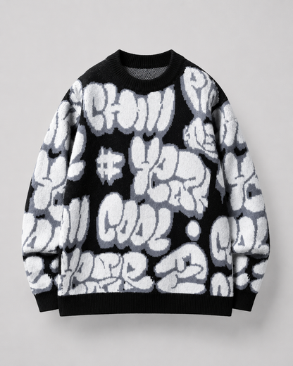 Men's Oversized Graphic Sweater - Graffiti Knit Drop Shoulder