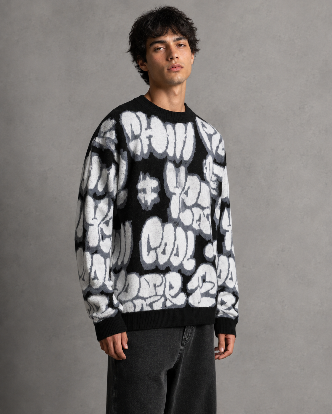 Men's Oversized Graphic Sweater - Graffiti Knit Drop Shoulder