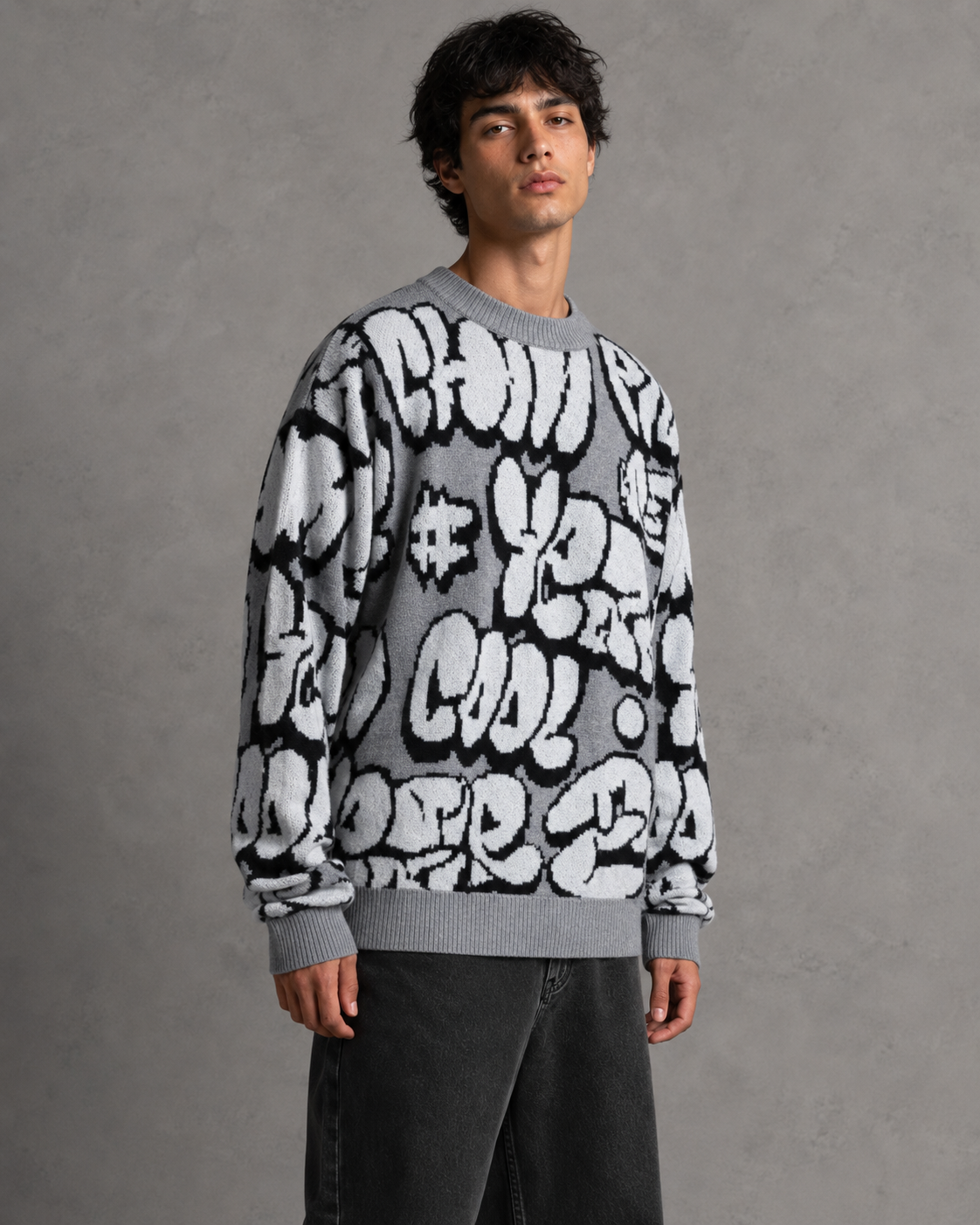 Men's Oversized Graphic Sweater - Graffiti Knit Drop Shoulder