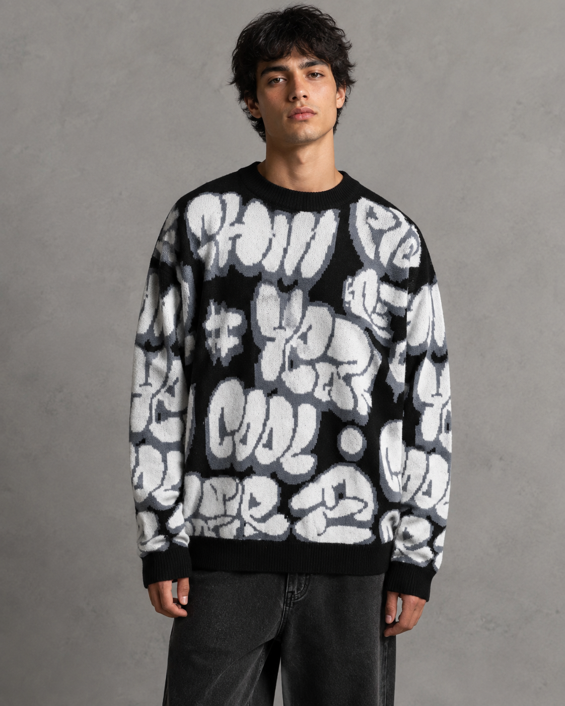 Men's Oversized Graphic Sweater - Graffiti Knit Drop Shoulder