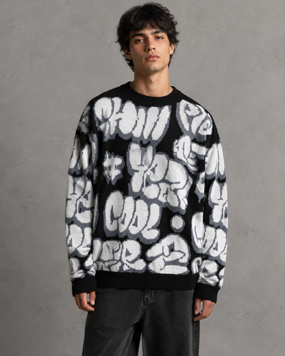 Men's Oversized Graphic Sweater - Graffiti Knit Drop Shoulder
