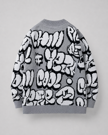 Men's Oversized Graphic Sweater - Graffiti Knit Drop Shoulder