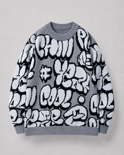 Men's Oversized Graphic Sweater - Graffiti Knit Drop Shoulder
