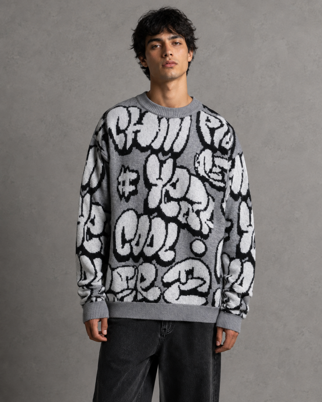 Men's Oversized Graphic Sweater - Graffiti Knit Drop Shoulder