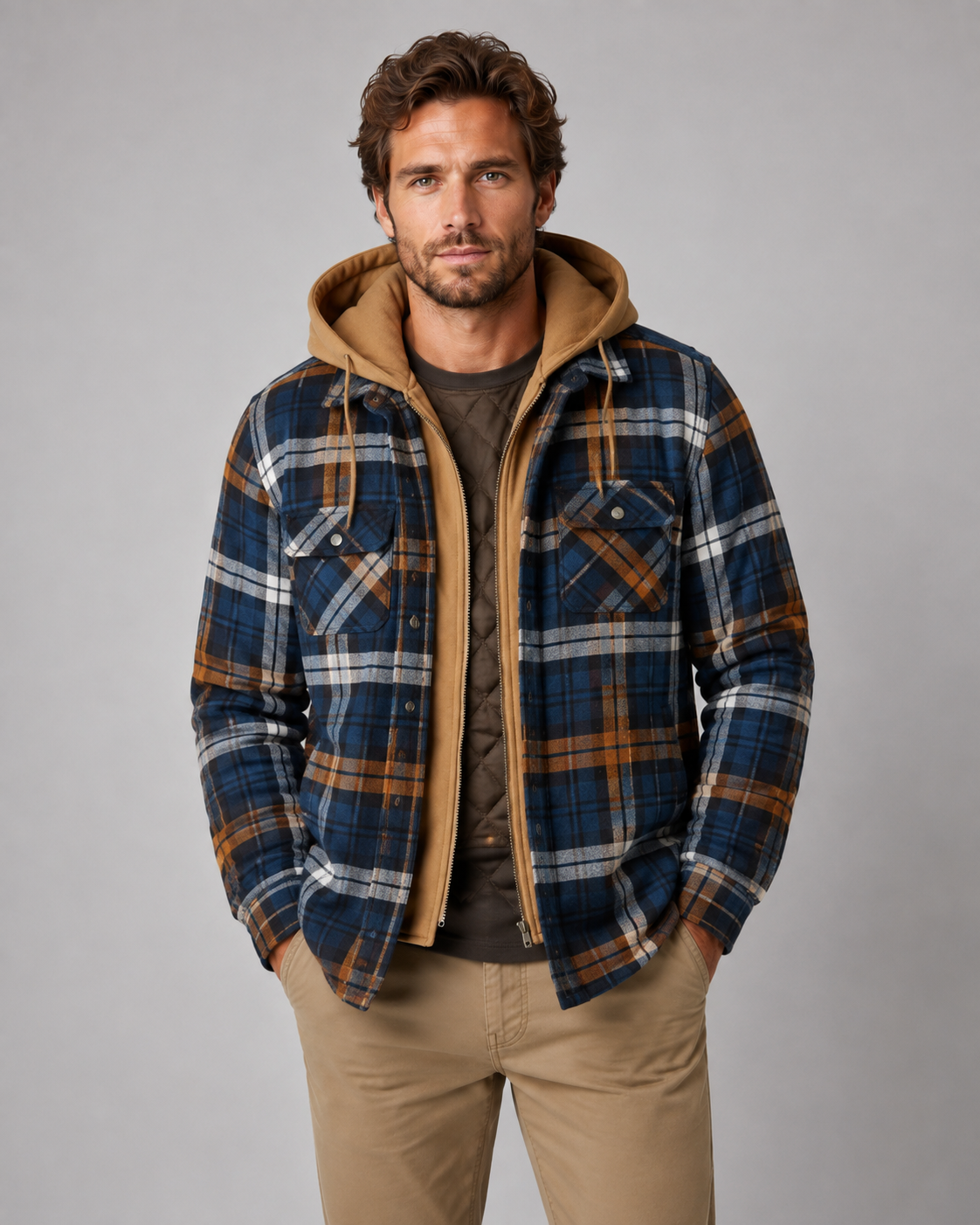 Men's Flannel Shacket - Plaid Hooded Zip Up