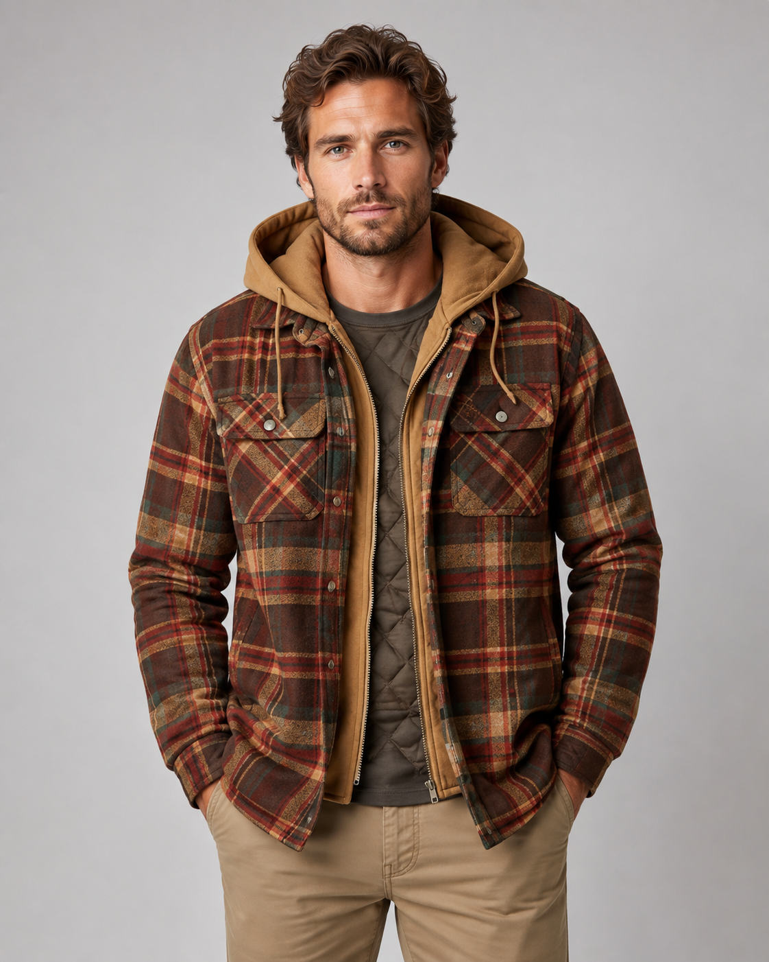 Men's Flannel Shacket - Plaid Hooded Zip Up
