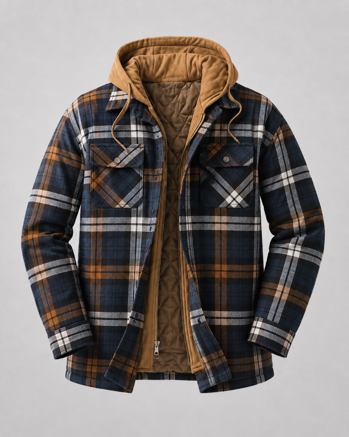 Men's Flannel Shacket - Plaid Hooded Zip Up
