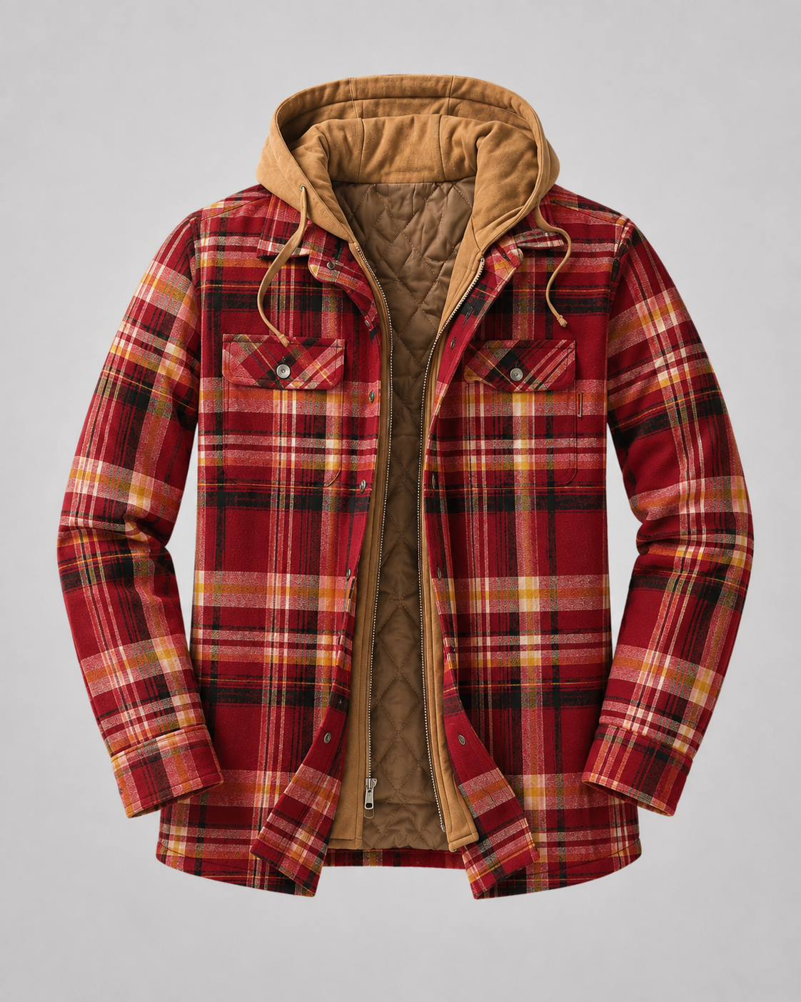 Men's Flannel Shacket - Plaid Hooded Zip Up