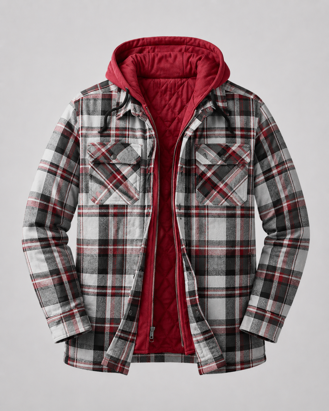 Men's Flannel Shacket - Plaid Hooded Zip Up