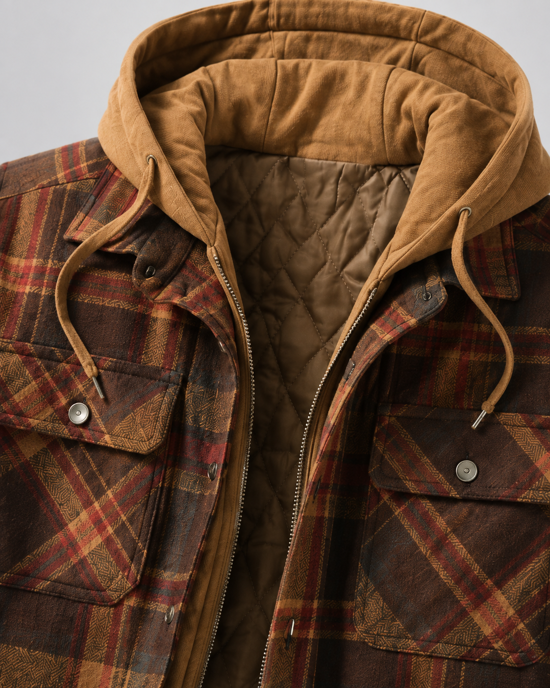 Men's Flannel Shacket - Plaid Hooded Zip Up