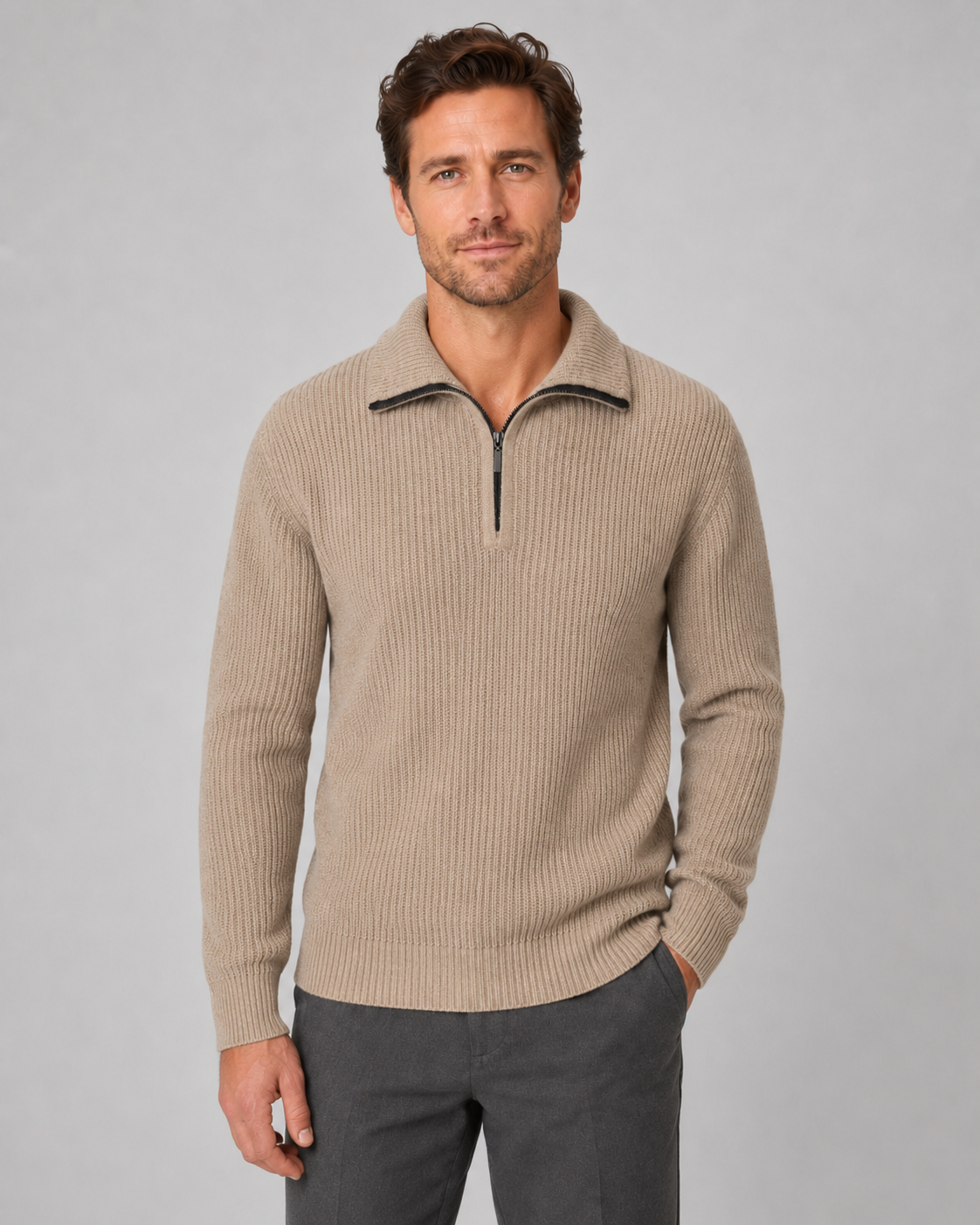 Men's Quarter Zip Sweater - Ribbed Collared Knit Pullover