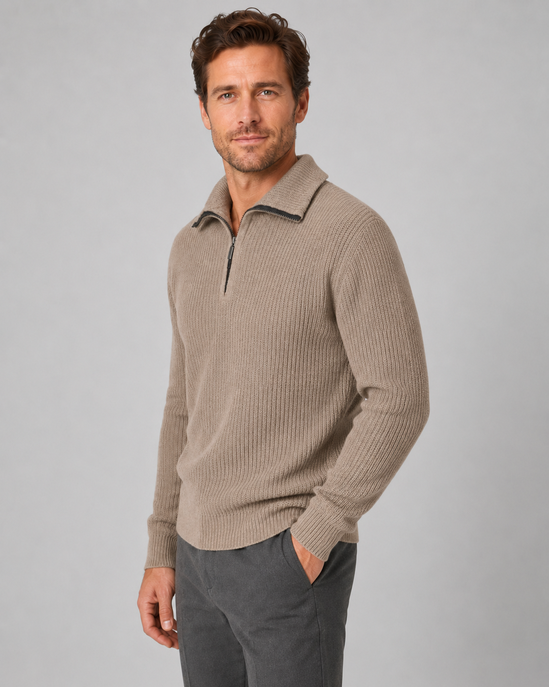 Men's Quarter Zip Sweater - Ribbed Collared Knit Pullover