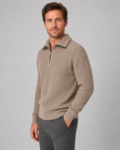 Men's Quarter Zip Sweater - Ribbed Collared Knit Pullover