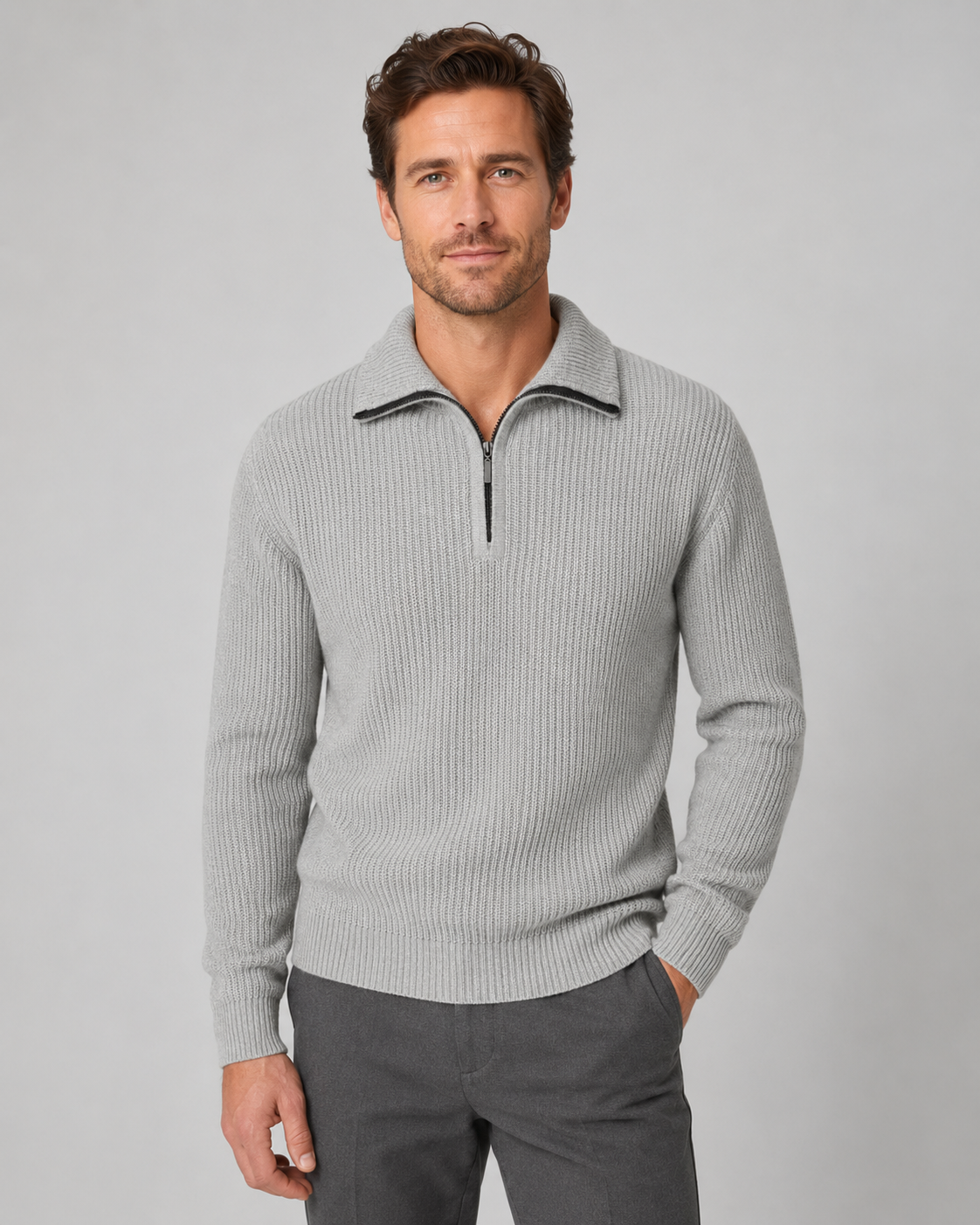 Men's Quarter Zip Sweater - Ribbed Collared Knit Pullover