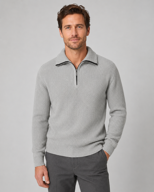 Men's Quarter Zip Sweater - Ribbed Collared Knit Pullover