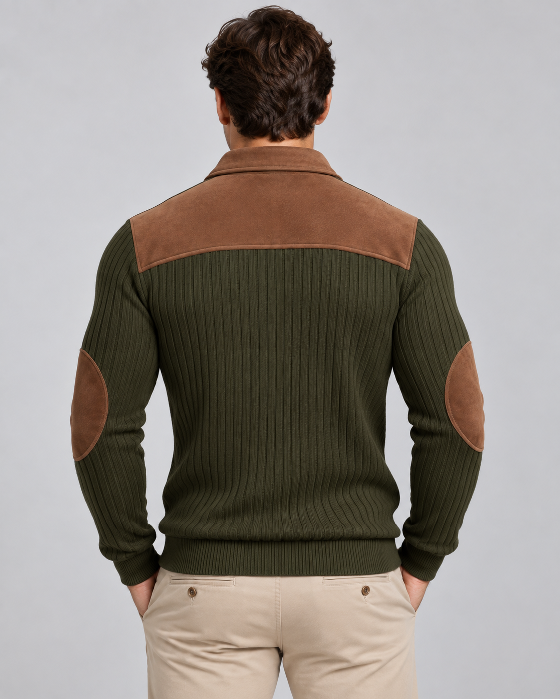 Men's Ribbed Quarter Zip Sweater - Contrast Yoke Pullover