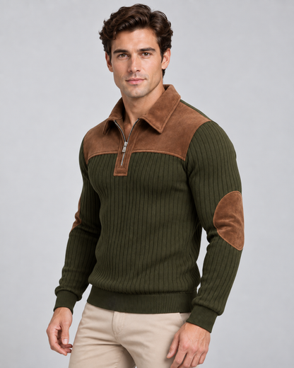 Men's Ribbed Quarter Zip Sweater - Contrast Yoke Pullover