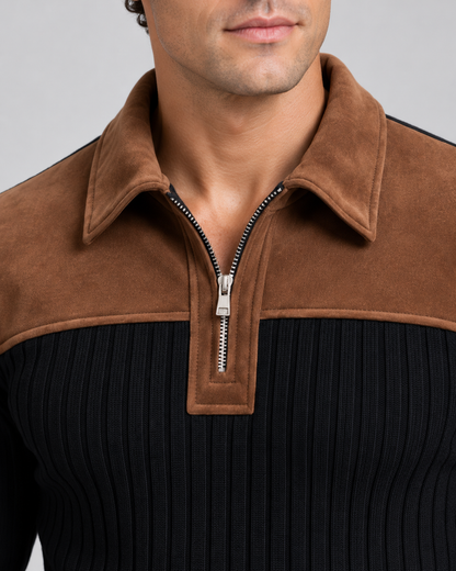 Men's Ribbed Quarter Zip Sweater - Contrast Yoke Pullover