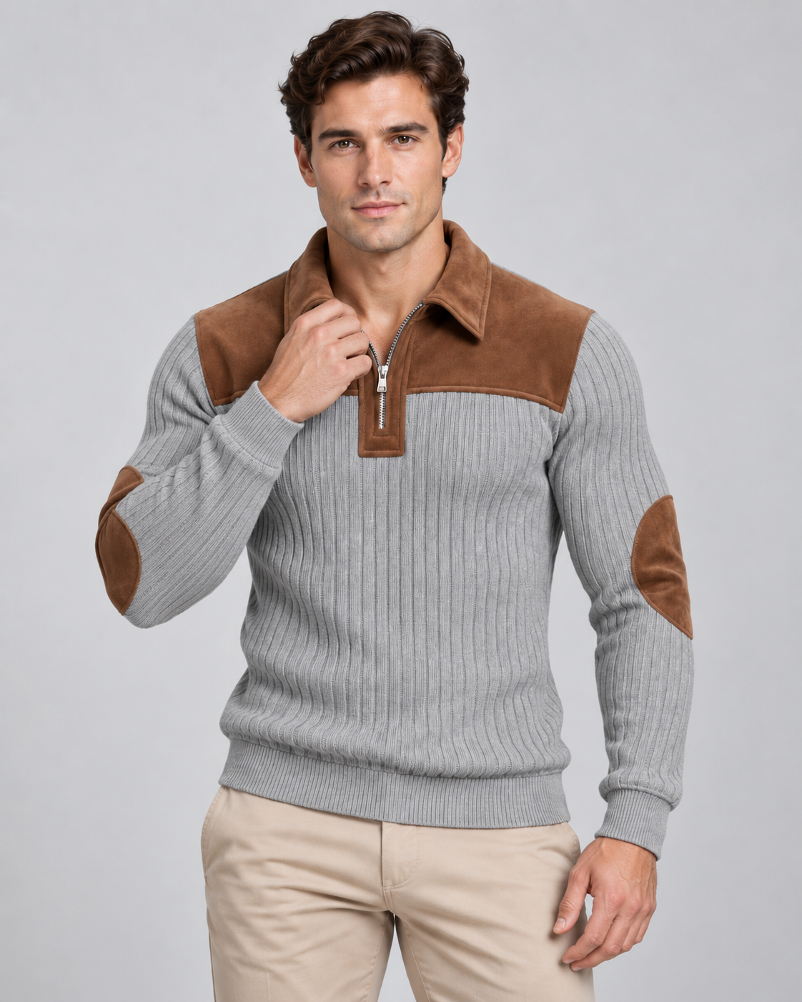 Men's Ribbed Quarter Zip Sweater - Contrast Yoke Pullover