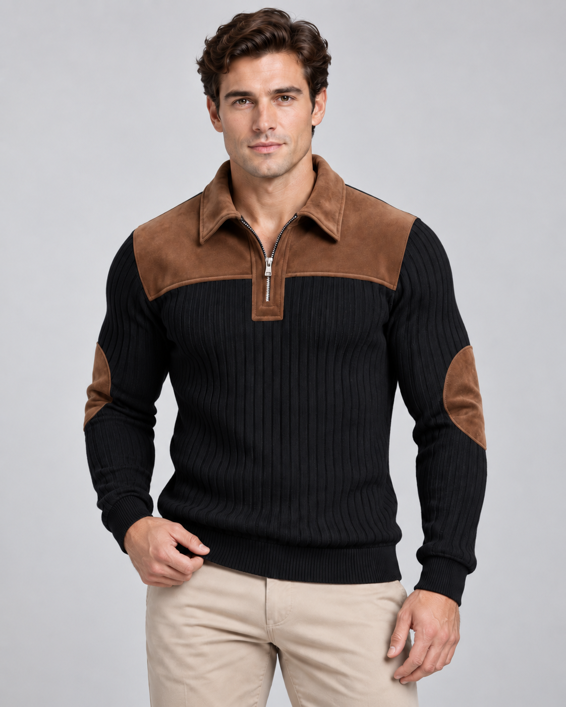 Men's Ribbed Quarter Zip Sweater - Contrast Yoke Pullover