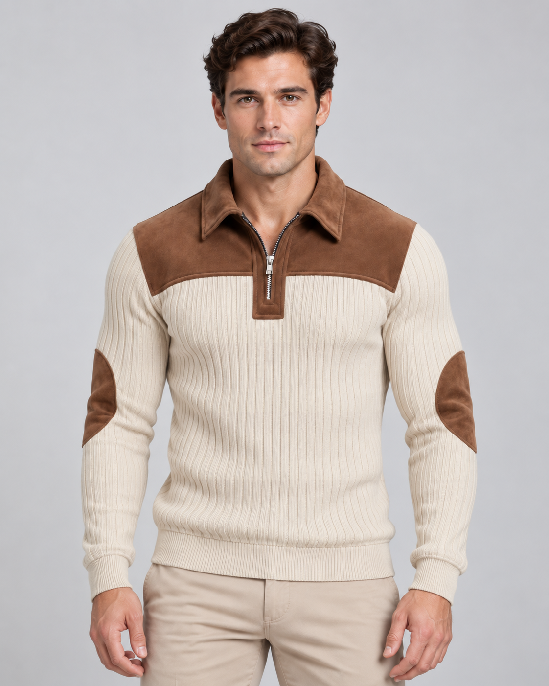 Men's Ribbed Quarter Zip Sweater - Contrast Yoke Pullover