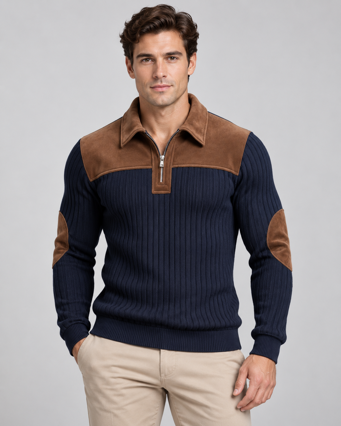 Men's Ribbed Quarter Zip Sweater - Contrast Yoke Pullover