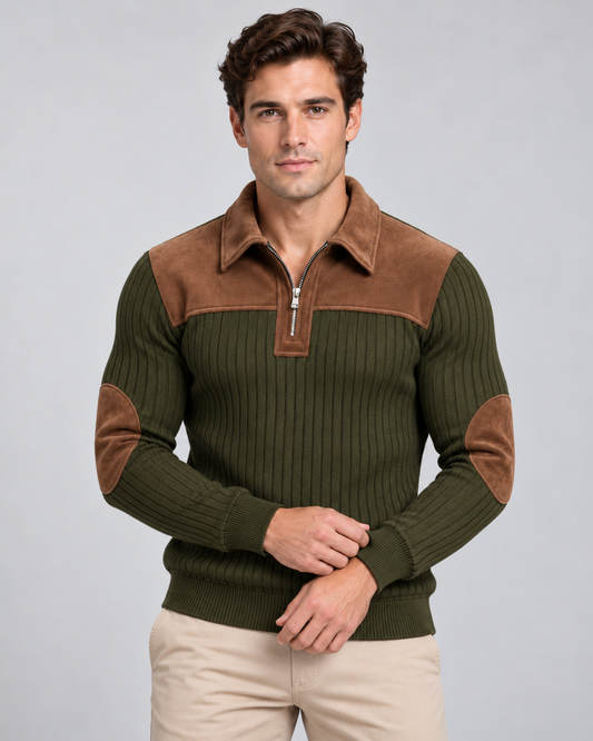 Men's Ribbed Quarter Zip Sweater - Contrast Yoke Pullover