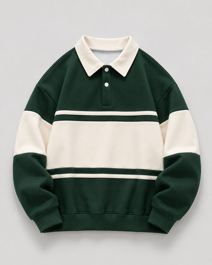 Men's Rugby Polo Sweater - Color Block Knit Long Sleeve