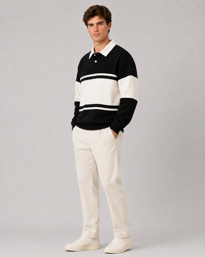 Men's Rugby Polo Sweater - Color Block Knit Long Sleeve