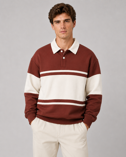 Men's Rugby Polo Sweater - Color Block Knit Long Sleeve