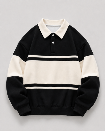 Men's Rugby Polo Sweater - Color Block Knit Long Sleeve