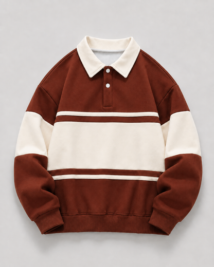 Men's Rugby Polo Sweater - Color Block Knit Long Sleeve