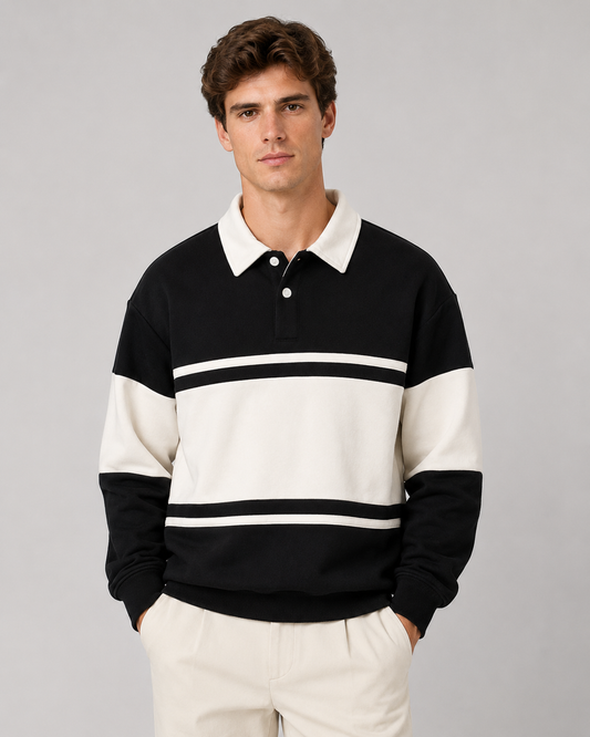 Men's Rugby Polo Sweater - Color Block Knit Long Sleeve