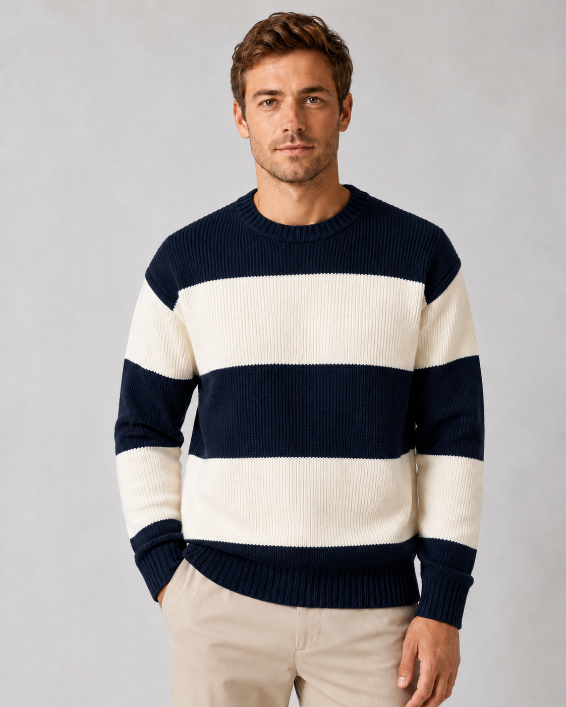 Men's Rugby Stripe Sweater - Crew Neck Relaxed Fit