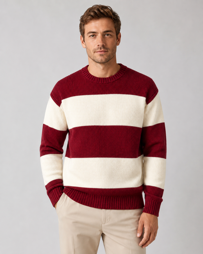 Men's Rugby Stripe Sweater - Crew Neck Relaxed Fit