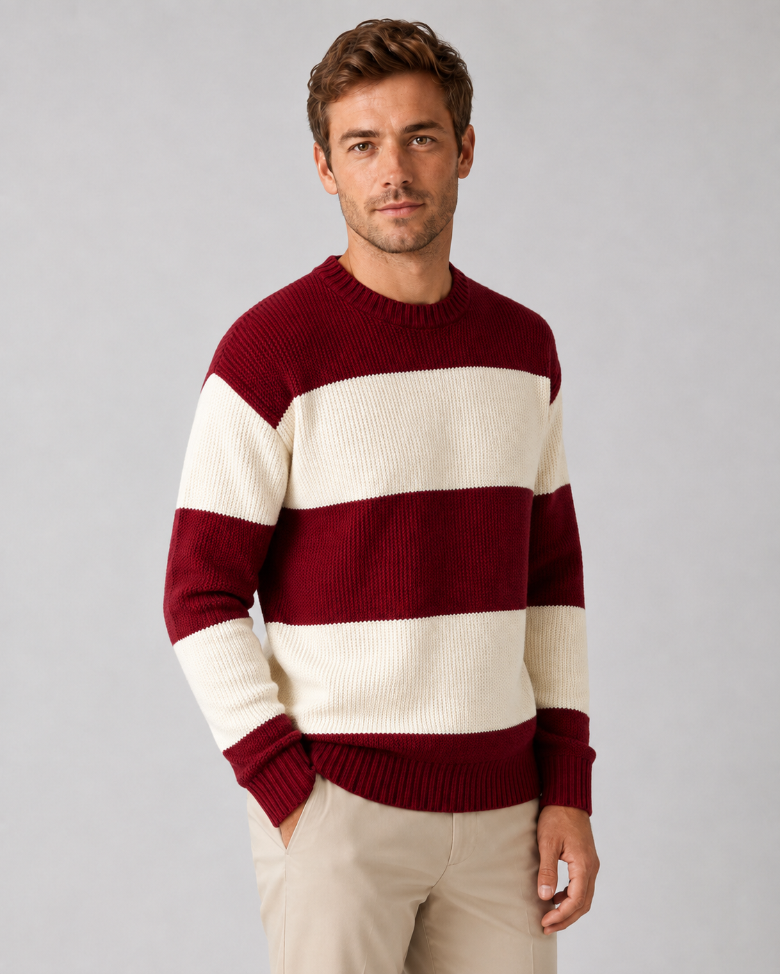 Men's Rugby Stripe Sweater - Crew Neck Relaxed Fit