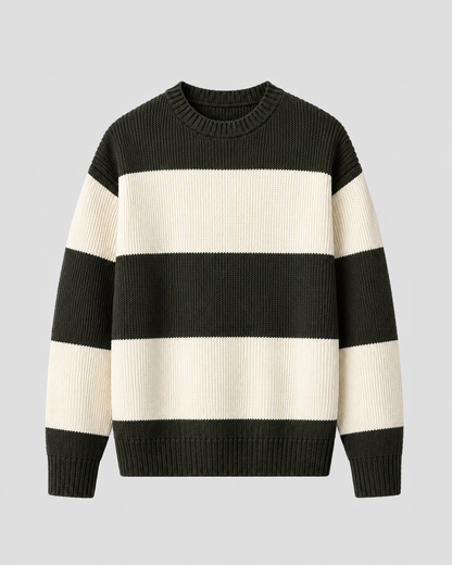 Men's Rugby Stripe Sweater - Crew Neck Relaxed Fit