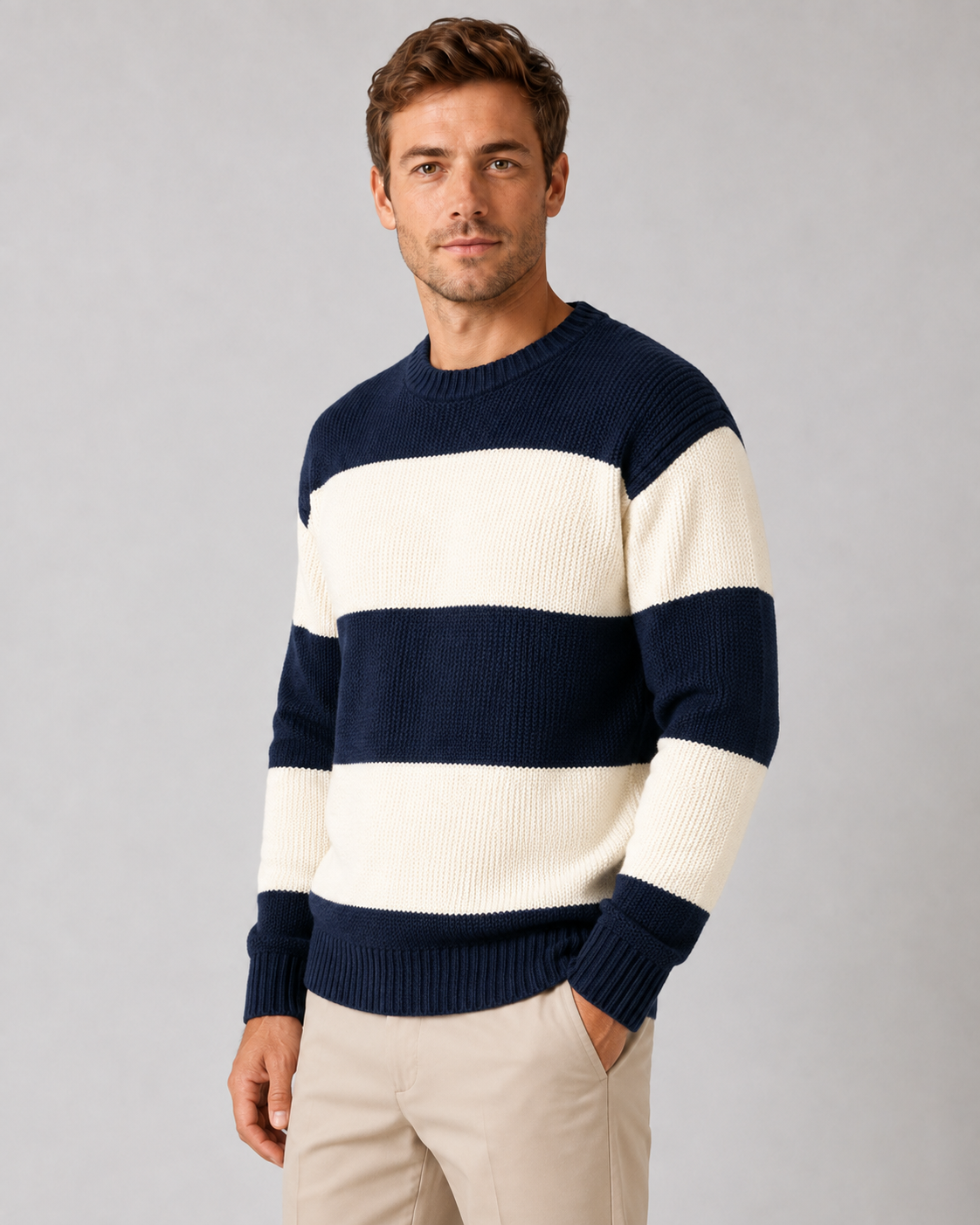 Men's Rugby Stripe Sweater - Crew Neck Relaxed Fit
