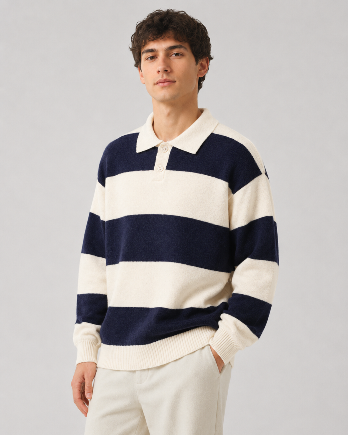 Men's Rugby Polo Sweater - Striped Knit Long Sleeve Relaxed Fit
