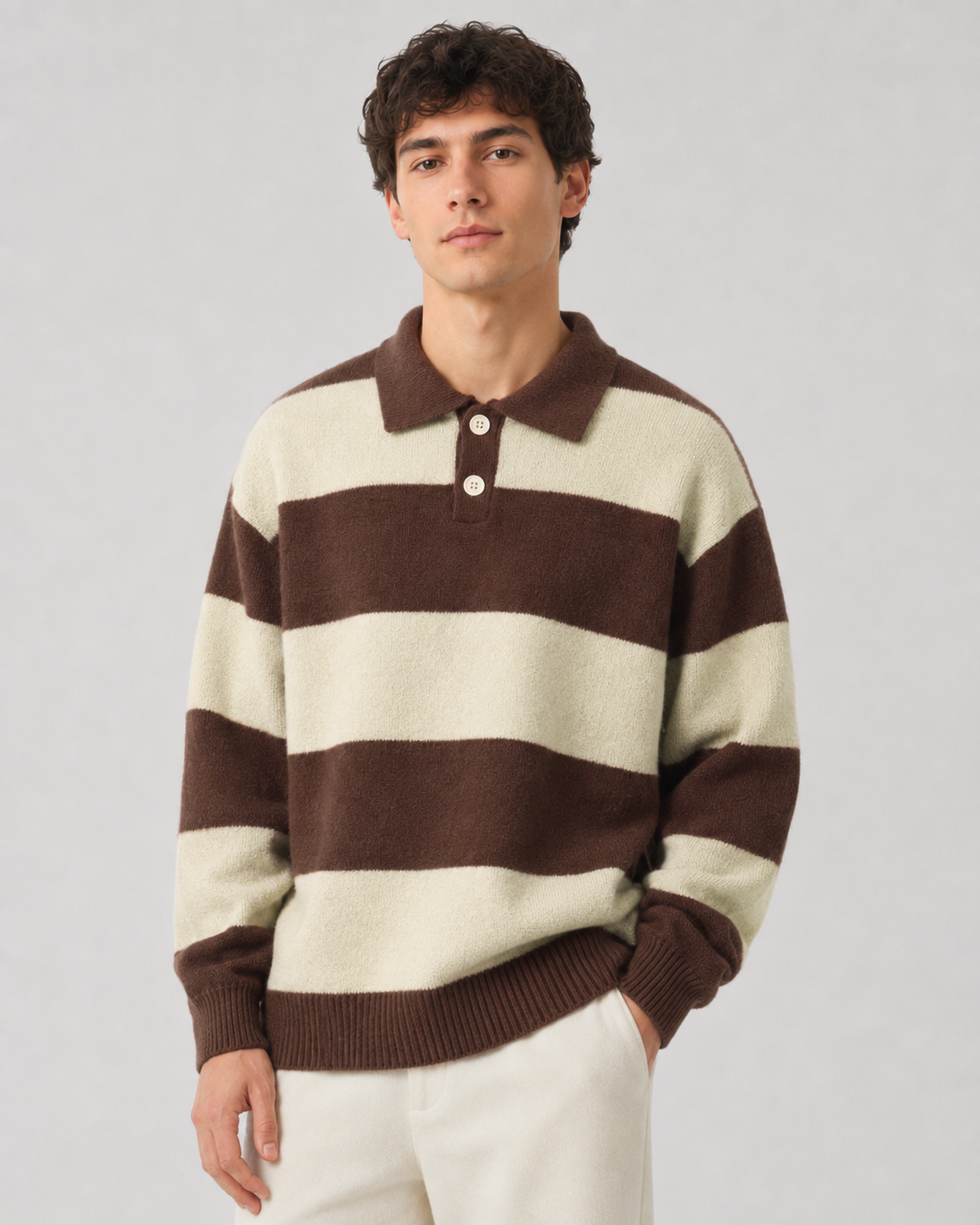 Men's Rugby Polo Sweater - Striped Knit Long Sleeve Relaxed Fit